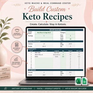 May include: A digital keto recipe builder spreadsheet displayed on a laptop screen. The interface includes sections for recipe name, servings, prep time, cook time, and ingredient-level entries with automatic totals for calories, protein, fat, and net carbs.