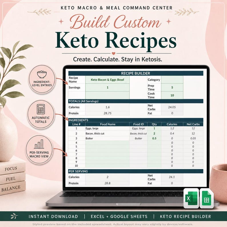 May include: A digital keto recipe builder spreadsheet displayed on a laptop screen. The interface includes sections for recipe name, servings, prep time, cook time, and ingredient-level entries with automatic totals for calories, protein, fat, and net carbs.