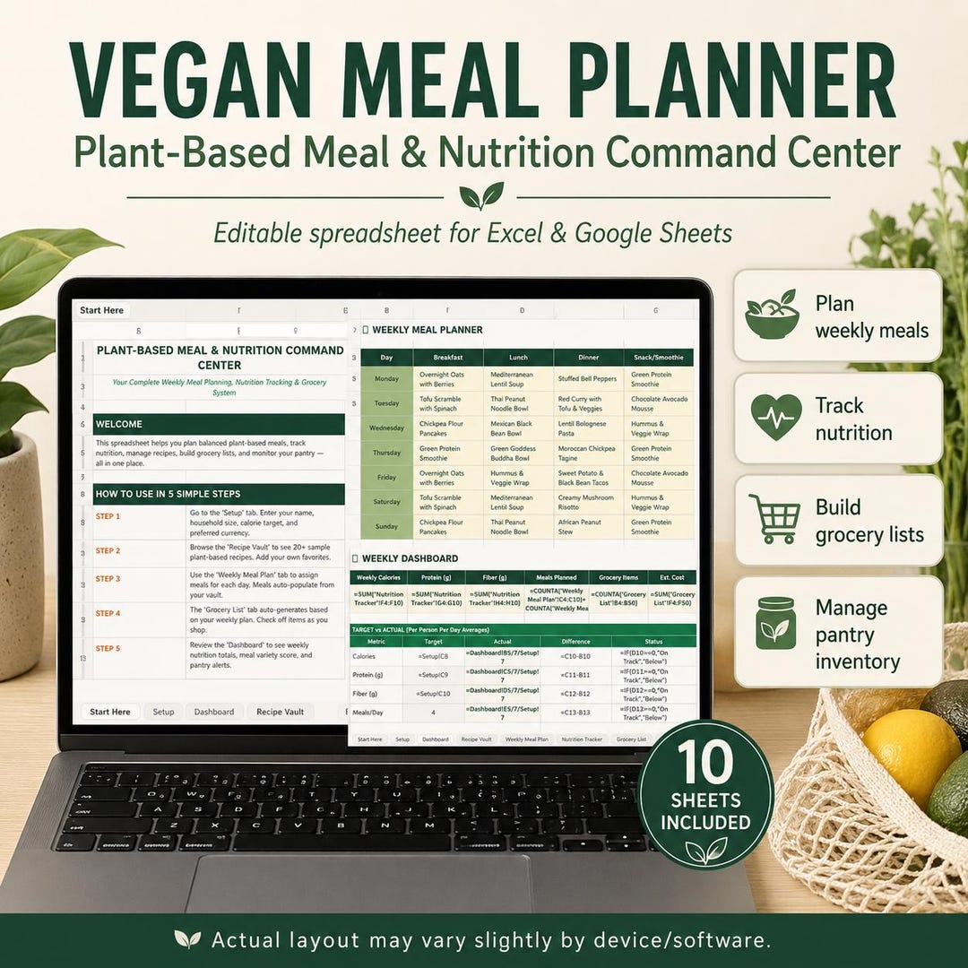 Vegan Meal Planner Spreadsheet, Plant Based Meal Plan, Nutrition ...