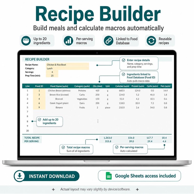Hoja de cálculo para el seguimiento de calorías y macronutrientes, planificador nutricional en Excel y Google Sheets (descarga digital) imagen 6