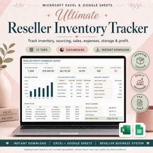 Puede incluir: Un rastreador de inventario digital para revendedores en Microsoft Excel y Google Sheets mostrado en una pantalla de portátil. El panel muestra datos sobre artículos totales, ingresos, beneficio neto, margen y niveles de existencias.