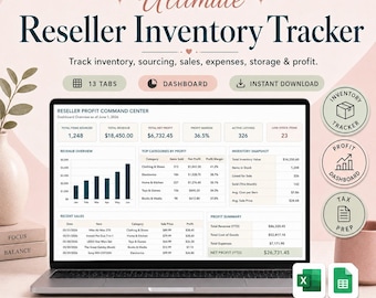 Hoja de cálculo para el seguimiento del inventario del revendedor, panel de control de ganancias, registro de ventas, seguimiento de abastecimiento, seguimiento de gastos, Excel y Google Sheets