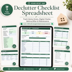 Declutter Checklist Spreadsheet, Home Organization Tracker (Excel, Google Sheets)