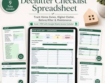 Declutter Checklist Spreadsheet, Home Organization Tracker Excel Google Sheets, Digital Declutter Planner, Cleaning Reset Dashboard