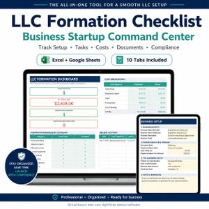 Könnte beinhalten: Eine digitale Vorlage für ein LLC-Gründungs-Checklisten-Business-Startup-Command-Center, angezeigt auf einem Laptop- und Tablet-Bildschirm. Die Benutzeroberfläche umfasst ein LLC-Gründungs-Dashboard, Kostenaufstellungstabellen und ein Setup-Formular.