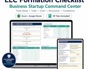 Hoja de cálculo con lista de verificación para la formación de LLC, planificador de inicio de negocios, seguimiento de costos de LLC, seguimiento de documentos, calendario de cumplimiento, hojas de cálculo de Excel y Google.