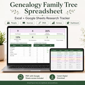 Puede incluir: Una hoja de cálculo digital de genealogía para Excel y Google Sheets mostrada en una laptop y una tableta. La interfaz muestra el estado de investigación, una pirámide de generaciones y una tabla de datos con nombres, fechas y linajes.