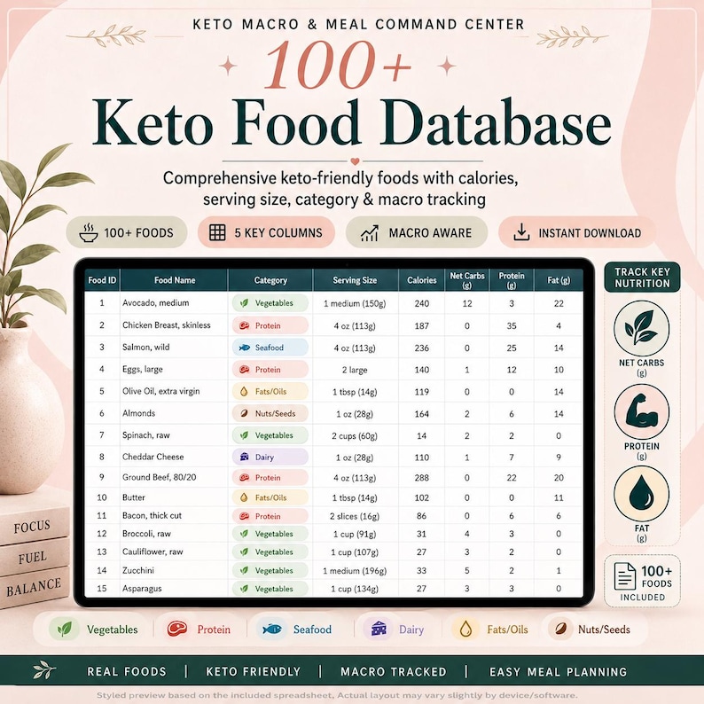 May include: A digital Keto Macro & Meal Command Center spreadsheet featuring a 100+ Keto Food Database. The table displays columns for food name, category, serving size, calories, net carbs, protein, and fat, with icons for tracking key nutrition.