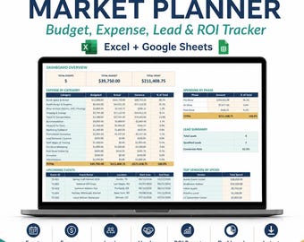 Hoja de cálculo para planificación de ferias comerciales, seguimiento del presupuesto del evento, registro de gastos, seguimiento de clientes potenciales, informe de ROI, Excel y Google Sheets