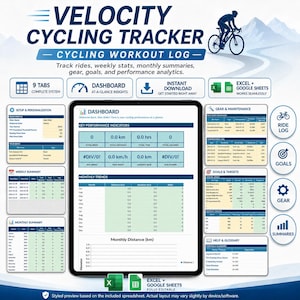 May include: A digital Velocity Cycling Tracker workout log displayed on a tablet screen, featuring a dashboard with performance indicators, monthly trends, and data tables for ride logs, gear maintenance, goals, and summaries in a blue and white layout.