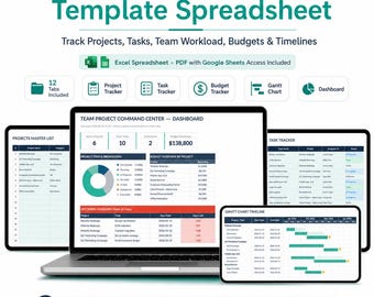 Project Management Template Spreadsheet, Team Project Tracker, Task Budget Time Tracker, Gantt Chart, Excel Google Sheets
