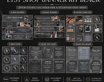 Black Etsy Shop Branding Kit, Canva Templates, Banner, Icon (Digital Download)