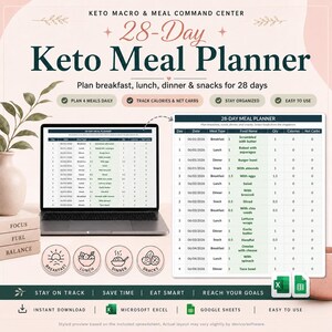 May include: A digital 28-day Keto Meal Planner spreadsheet displayed on a laptop screen and as a separate document. The interface includes columns for date, meal type, food name, quantity, calories, and net carbs, with icons for daily meals.