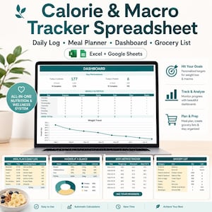 May include: A digital Calorie & Macro Tracker Spreadsheet displayed on a laptop screen, featuring a dashboard with weekly nutrition data, a weight trend graph, meal plan, daily log, macros, body metrics tracker, and a grocery list.