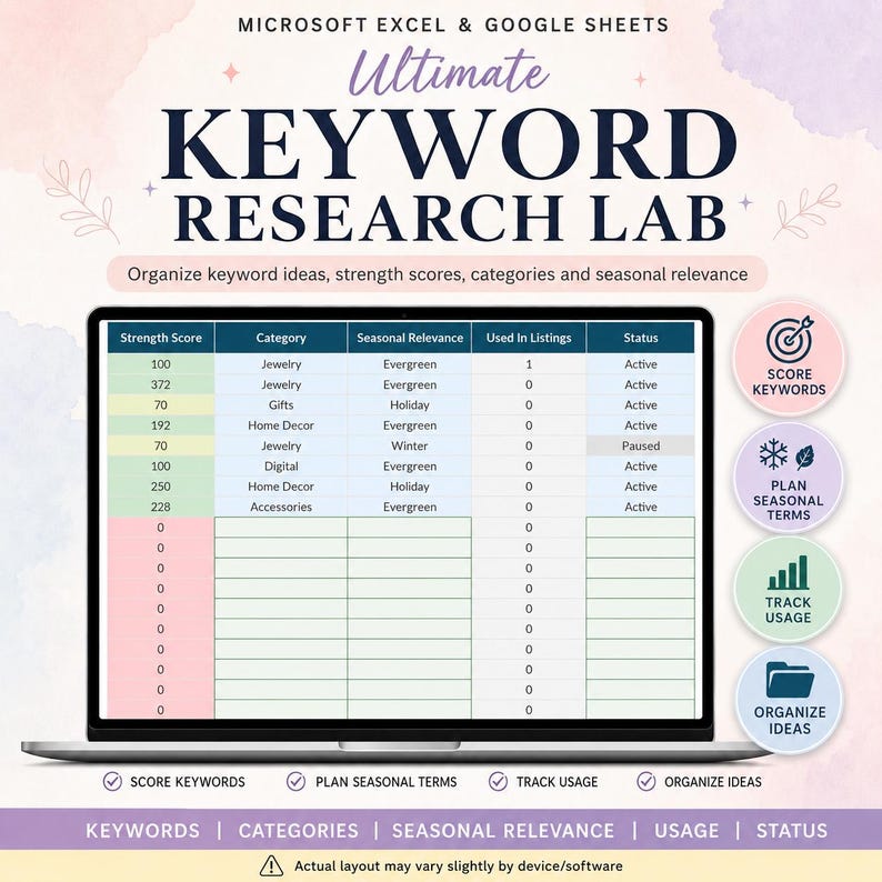 May include: A digital spreadsheet interface for Microsoft Excel and Google Sheets titled Ultimate Keyword Research Lab. The screen displays a table with columns for Strength Score, Category, Seasonal Relevance, Used In Listings, and Status.