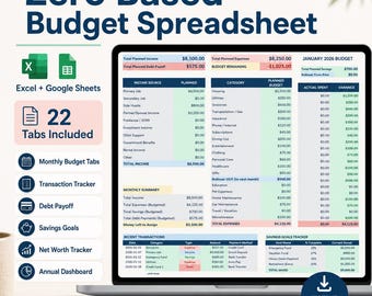 Zero Based Budget Planner, Monthly Budget Spreadsheet, EveryDollar Style Budget, Expense Tracker, Debt Payoff & Net Worth Tracker