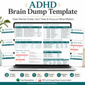 May include: A digital ADHD Brain Dump template displayed on a laptop screen, featuring sections for Brain Dump, The Sorter, Today's Focus, Weekly Review, Someday Parking, and Recurring Rhythms, with additional icons for each tab and file format labels.