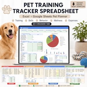 Feuille de calcul de suivi du dressage des animaux de compagnie, Journal de dressage canin Excel, Planificateur pour chiots Google Sheets, Suivi des compétences, Tableau de bord de bien-être des animaux de compagnie