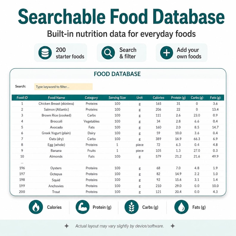 Puede incluir: Una interfaz digital titulada Searchable Food Database con datos nutricionales integrados. Incluye iconos para 200 alimentos, b&uacute;squeda, filtrado y a&ntilde;adir alimentos. Una tabla muestra los nombres de los alimentos, categor&iacute;as y valores nutricionales.