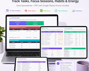Hoja de cálculo para el seguimiento del enfoque en tareas de TDAH, planificador de funciones ejecutivas, lluvia de ideas, seguimiento de hábitos, sesiones de enfoque, Excel Google Sheets