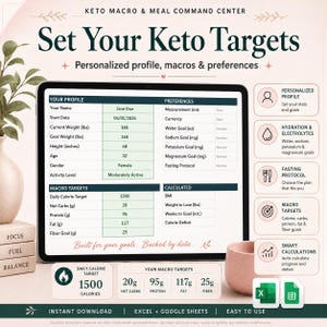 May include: A digital Keto Macro and Meal Command Center spreadsheet displayed on a tablet screen. The interface includes sections for Your Profile, Preferences, Macro Targets, and Calculated metrics, with fields for weight in lbs and height in inches.