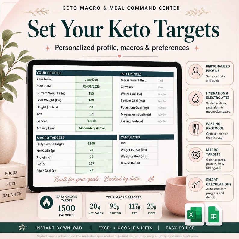 May include: A digital Keto Macro and Meal Command Center spreadsheet displayed on a tablet screen. The interface includes sections for Your Profile, Preferences, Macro Targets, and Calculated metrics, with fields for weight in lbs and height in inches.