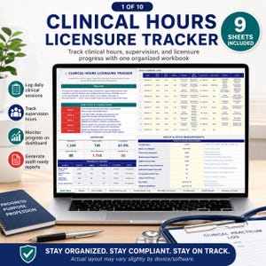 Clinical Hours Tracker Spreadsheet, Supervision Log, Licensure Hours Tracker, Practicum Internship Log, Audit Report, Excel Google Sheets