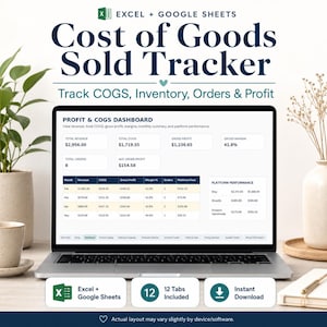 May include: A laptop screen displaying a Cost of Goods Sold Tracker dashboard for Excel and Google Sheets. The interface shows financial data including total revenue, COGS, gross profit, and platform performance metrics for Etsy, Shopify, and Amazon.