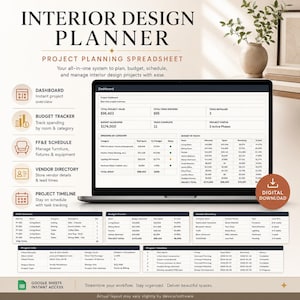 Puede incluir: Una hoja de cálculo de planificación de proyectos de diseño de interiores mostrada en la pantalla de una computadora portátil. La interfaz digital incluye un panel, rastreador de presupuesto, cronograma FF&E, directorio y línea de tiempo.