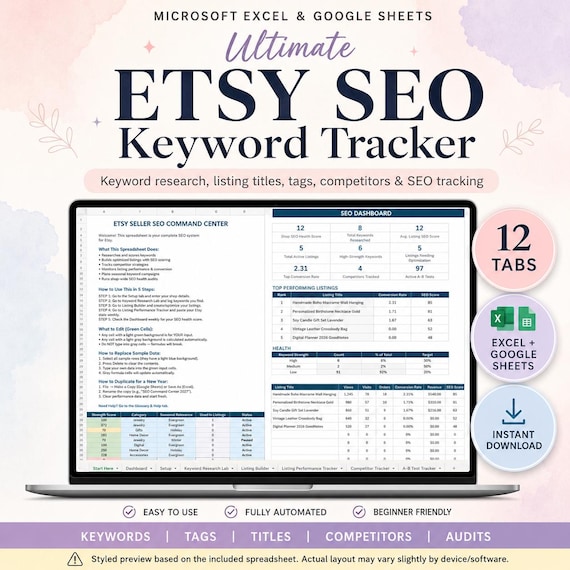 Etsy SEO Keyword Tracker Spreadsheet, Listing Title Builder, Tag Planner, Competitor Research, Shop SEO Audit, Excel Google Sheets