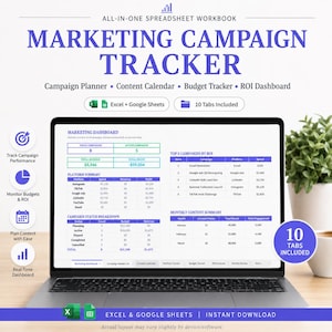 Könnte beinhalten: Eine digitale Marketing-Kampagnen-Tracker-Tabellenkalkulation auf einem Laptop-Bildschirm. Die Benutzeroberfläche zeigt ein Marketing-Dashboard mit Tabellen zur Kampagnenleistung, zum ROI, zur Plattformübersicht und zur Inhaltsplanung für Excel und Google Sheets.