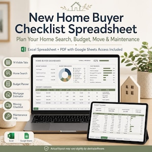 Könnte beinhalten: Eine digitale Checklisten-Tabelle für Hauskäufer, die auf einem Laptop- und Tablet-Bildschirm angezeigt wird. Die Benutzeroberfläche zeigt ein Dashboard mit Budgetübersichten, Fortschrittsbalken und Vergleichstabellen für die Immobiliensuche.