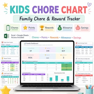 Kids Chore Chart Spreadsheet, Family Chore Tracker, Reward Chart, Allowance Tracker, Habit Streaks, Excel Google Sheets