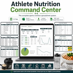 May include: A digital athlete nutrition command centre spreadsheet system displayed on a laptop screen, featuring 13 tabs, food database, hydration tracker, daily log, supplement schedule, and weekly review modules with charts and data tables.