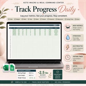 May include: A digital keto macro and meal command center spreadsheet displayed on a laptop screen. The interface includes columns for date, weight in lbs, waist and hips in inches, water in oz, sodium, potassium, magnesium, fasting times, and notes.