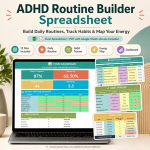 Pode incluir: Uma planilha ADHD Routine Builder exibida na tela de um laptop, apresentando um painel com porcentagens de conclusão, um mapa de calor de rotina semanal e rastreadores de hábitos, incluindo visualizações de rotina diária e mapa de energia.