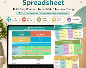 Hoja de cálculo para crear rutinas para el TDAH, registro de rutinas diarias, registro de hábitos, mapa energético, desglose de tareas, Excel y Google Sheets