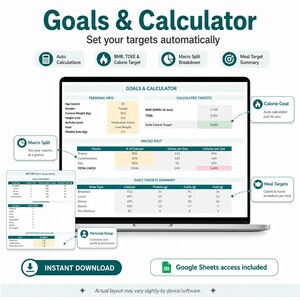 Puede incluir: Una hoja de c&aacute;lculo digital de objetivos y calculadora en la pantalla de un port&aacute;til. La interfaz incluye secciones para informaci&oacute;n personal, objetivos calculados, desglose de macros y res&uacute;menes de comidas diarias con datos de calor&iacute;as y nutrientes.