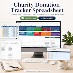 Op de afbeelding: Een digitale spreadsheet voor het bijhouden van donaties aan goede doelen op een computermonitor, met een dashboard, donateursdatabase, donatielogboek, pijplijn voor grote giften, subsidietracker en bestuursrapportage met 15 tabbladen.