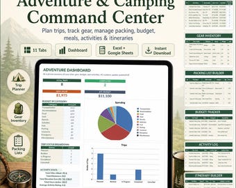 Camping Wandern Abenteuerplaner, Outdoor Trip Tracker, Ausrüstung Checkliste, Packliste, Budgetplaner, Reiseplaner, Excel Google Sheets