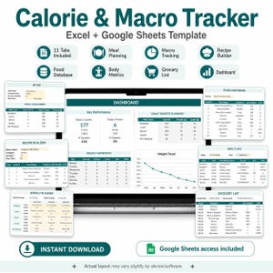 Puede incluir: Una plantilla digital de seguimiento de calor&iacute;as y macros para Excel y Google Sheets. La interfaz muestra un panel con m&eacute;tricas de rendimiento, objetivos diarios, un gr&aacute;fico de tendencia de peso, planificaci&oacute;n de comidas y lista.