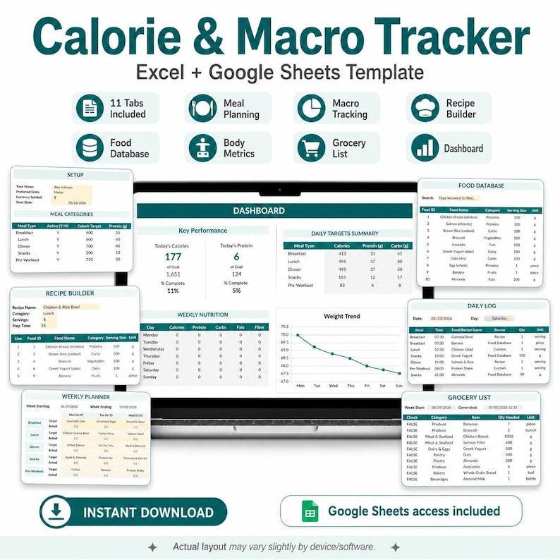 Puede incluir: Una plantilla digital de seguimiento de calor&iacute;as y macros para Excel y Google Sheets. La interfaz muestra un panel con m&eacute;tricas de rendimiento, objetivos diarios, un gr&aacute;fico de tendencia de peso, planificaci&oacute;n de comidas y lista.