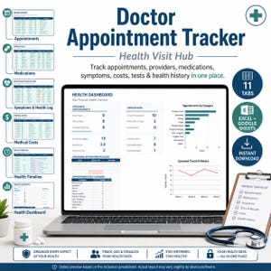 Arzttermin-Tracker-Arbeitsblatt, Medikationslogbuch, Problem-Tracker, Arztkosten-Tracker, Gesundheitsplaner, Excel Google Sheets