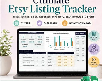 Etsy Listing Tracker Spreadsheet, Shop Management Planner, Sales Log, Expense Tracker, Inventory Alerts, SEO Dashboard, Excel Google Sheets