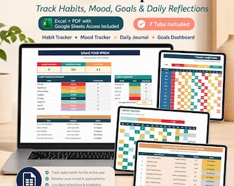 Feuille de calcul Bullet Journal, Suivi des habitudes numériques Excel, Suivi de l'humeur Google Sheets, Planificateur d'objectifs, Tableau de bord du journal quotidien