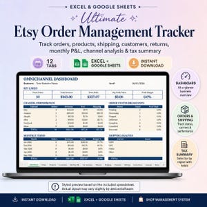 May include: A digital spreadsheet template for Excel and Google Sheets titled Ultimate Etsy Order Management Tracker. The screen displays an Omnichannel Dashboard with KPI cards, channel performance, order status, and monthly trend data tables.