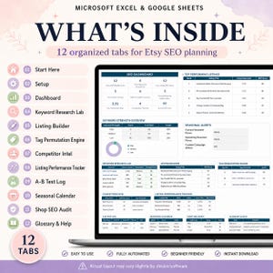 May include: A digital spreadsheet for Microsoft Excel and Google Sheets titled WHAT'S INSIDE, featuring 12 organized tabs for Etsy SEO planning. The interface displays an SEO dashboard, keyword strength overview, and various performance tracking tables.