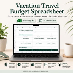 May include: A digital vacation travel budget spreadsheet displayed on a laptop screen. The interface features a Voyage Master Dashboard with sections for trip overview and budget breakdown, including 11 tabs for planning, tracking expenses, and managing itineraries.