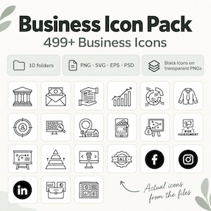 Puede incluir: Un paquete de iconos de negocios digitales que contiene más de 499 iconos en formatos PNG, SVG, EPS y PSD. La colección presenta iconos de arte lineal negro que representan varios conceptos comerciales, incluyendo un banco, un sobre y gráficos.