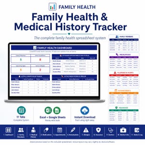 May include: A digital Family Health & Medical History Tracker spreadsheet system displayed on a laptop screen. The dashboard features tables for family members, upcoming appointments, active conditions, and medications, with 11 tabs for comprehensive tracking.